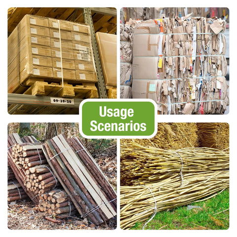 Various usage scenarios for Heavy Duty Manual Banding Strapping Kit Featuring 985 Feet Of 3/4 Inch Woven Cord And 200 Phosphated Metal Buckles.