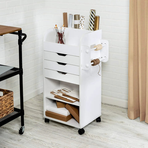 Game Changing Rolling Craft Storage Cart With Three Roomy Drawers And Broad Open Shelves For Bulk Wrapping Paper Ribbon Spools And DIY Gear Featuring Easy Glide Locking Wheels To Keep Your Studio Hustle Neat