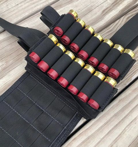 Ten Pack Seven Round Side Saddle Shell Carrier for 12 and 20 gauge shotguns with MOLLE pouch and hook and loop fastener on deck