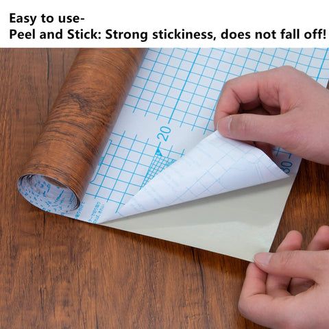 Hands peeling Walnut Wood Grain Peel And Stick Contact Paper Self Adhesive Vinyl Waterproof Removable DIY with Grid Lines