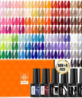 Gel Polish Kit With Base And Top Gels 112 Piece Set Featuring 108 Vibrant Colors for all seasons with bottles and swatches displayed
