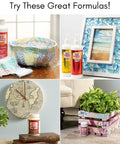 Craft projects featuring Mod Podge products, including bowls, frame, clock, and plant box, made with various decorative techniques.