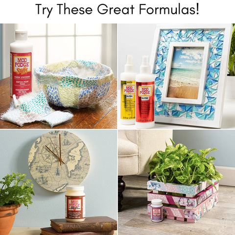 Craft projects featuring Mod Podge products, including bowls, frame, clock, and plant box, made with various decorative techniques.