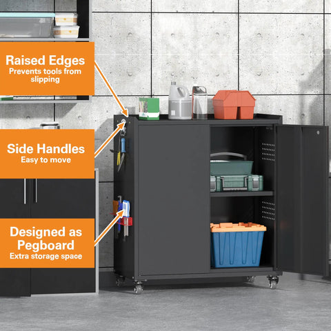 Durable Heavy Duty 34 Inch Steel Garage Storage Cabinet Featuring Smooth Roll Caster Wheels And Adjustable Shelf Layouts For Secure Locking And Shop Grade Black Tool Storage