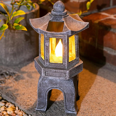 Solar Powered Pagoda Garden Statue With Flickering LED Lantern Outdoor Zen Decor For Calm Vibes In Your Yard Japanese Style Yard Light 13 Inch Tall Polyresin Pagoda With Auto On At Dusk