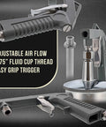 Heavy Duty Pneumatic Undercoating Spray Gun With Suction Feed Cup For Auto Rust Proofing And Truck Bed Liner, with adjustable air flow and easy grip trigger.