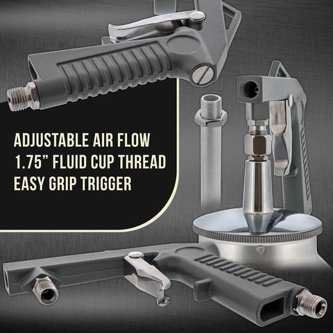 Heavy Duty Pneumatic Undercoating Spray Gun With Suction Feed Cup For Auto Rust Proofing And Truck Bed Liner, with adjustable air flow and easy grip trigger.
