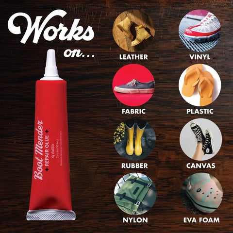 Boot Mender Glue For Shoes Clear Instant Bond Heavy Duty Adhesive For Soles And Heels 30g Tube shown with materials it works on