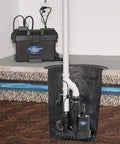 Beefy 12V Battery Back Up Submersible Sump Pump With Tethered Switch Model 92900 installed in basement