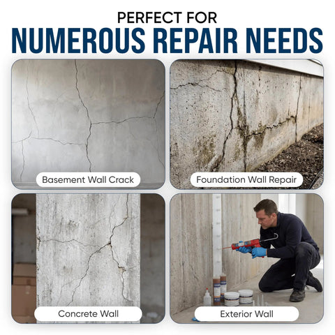 Various wall cracks repaired using DIY Basement Crack Injection Kit For Fast Foundation Repair, Polyurethane Leak Seal System.