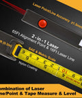 4 In 1 Laser Level For Home Renovation And Picture Hanging, Torpedo Style With 65 Ft Alignment Point, 16 Ft Laser Line, 10 Ft Tape Measure, Quick Angle Settings, Rotating Torpedo Bubble, Easy DIY Alignment Tool; close-up with tape measure