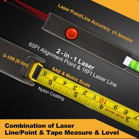 4 In 1 Laser Level For Home Renovation And Picture Hanging, Torpedo Style With 65 Ft Alignment Point, 16 Ft Laser Line, 10 Ft Tape Measure, Quick Angle Settings, Rotating Torpedo Bubble, Easy DIY Alignment Tool; close-up with tape measure