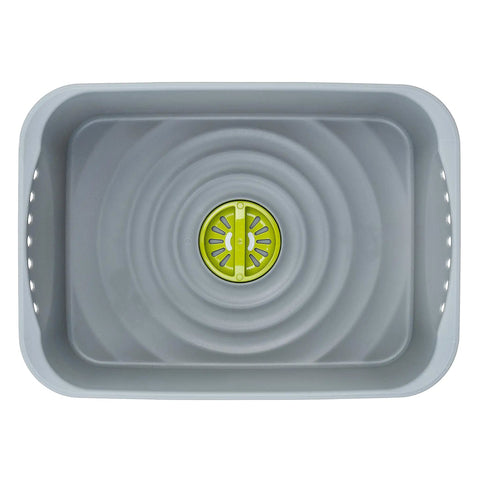 Top view of a Heavy Duty Plastic Sink Wash Basin For Dishes, Large Multipurpose Dishpan With Drain Plug, gray kitchen tub.