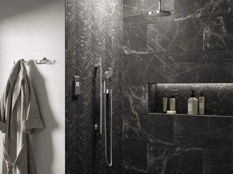 Luxury bathroom with Awaken Deluxe 3 Function Handshower Kit with 24 Inch Slide Bar and 60 Inch Hose 1.75 GPM Polished Chrome Shower Head.