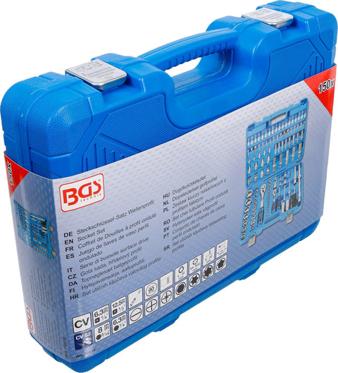 Master Grade 150 Piece Socket Set With Quarter Inch And Half Inch Drives featuring a blue molded plastic case.
