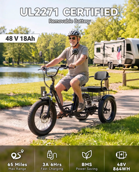 Two Seater Electric Tricycle For Adults With Peak 1500W Power Fat Tire Twenty Inch By Four Inch 48V 18Ah Battery Two-seat trike by lake