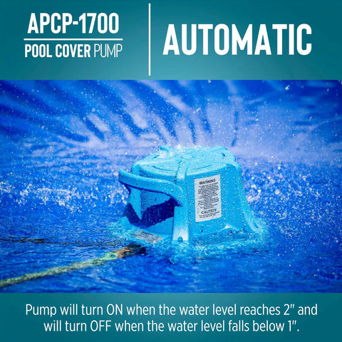 Automatic Submersible Pool Cover Pump 115V 1/3 HP with 1745 GPH, 25 ft cord, visible on pool cover in action with water.