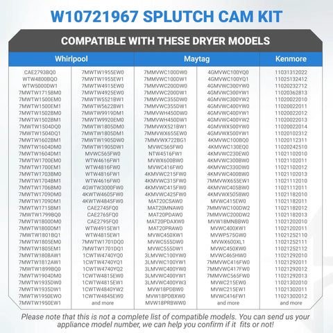 W10721967 Clutch Cam Assembly And W10528947 Driven Hub Kit For Whirlpool Kenmore Top Load Washer compatibility list image.