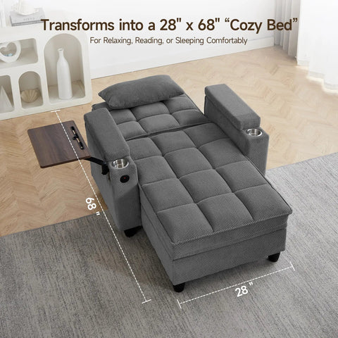 Big And Comfy Recliner With 360 Degree Swivel Tray Table Modern Tufted Linen Chair With Cup Holders And USB Port Heavy Duty 660 Lb Capacity, converted to bed mode.