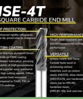 Carbide Square End Mill Four Flute One Piece Shank Three Eighth Inch For Milling Alloy Steels Hardened Steel Cast Iron