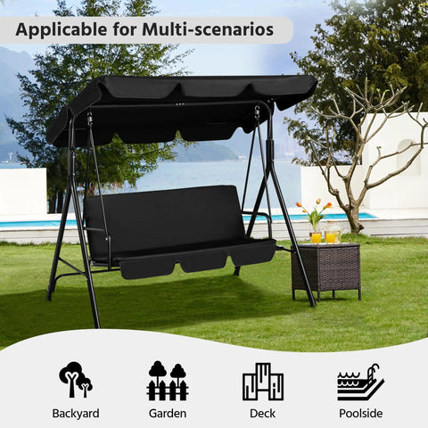 3-Seat Patio Swing Chair With Adjustable Canopy And Removable Cushions Outdoor Cozy Glider Lounge For Patio Garden Yard Porch Weatherproof Frame Sturdy Steel Construction Black on grass lawn