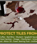 Tile And Grout Sealer With Clear Protective Finish For Shower Floors And Ceramic Porcelain And Natural Stone, High Gloss Wet Look Finish, Bonds To Glazed And Unglazed Tile, Easy Wipe Down Grout Protection, 1 Quart with spilled red wine on floor demonstrating protection.