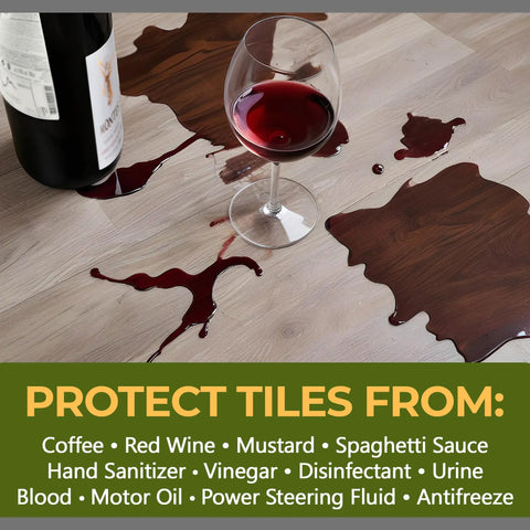 Tile And Grout Sealer With Clear Protective Finish For Shower Floors And Ceramic Porcelain And Natural Stone, High Gloss Wet Look Finish, Bonds To Glazed And Unglazed Tile, Easy Wipe Down Grout Protection, 1 Quart with spilled red wine on floor demonstrating protection.
