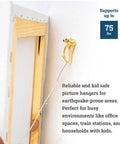 Heavy Duty Picture Hangers For Drywall And Plaster Walls, 75 Lb Earthquake Proof Hooks, gold hook holding picture wire on wall