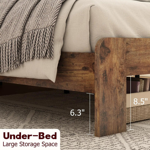 Built Like A Tank Queen Bed Frame With Headboard And Footboard Featuring Solid Wood Slats And Reinforced Legs Giving You A Rock Solid Foundation For Deep Sleep Sessions In Rich Dark Brown showing under-bed large storage space.