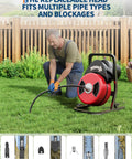 50 Foot By Half Inch Automatic Feed Drain Cleaning Machine Sewer Snake Auger With Cutter in use on grass with interchangeable heads