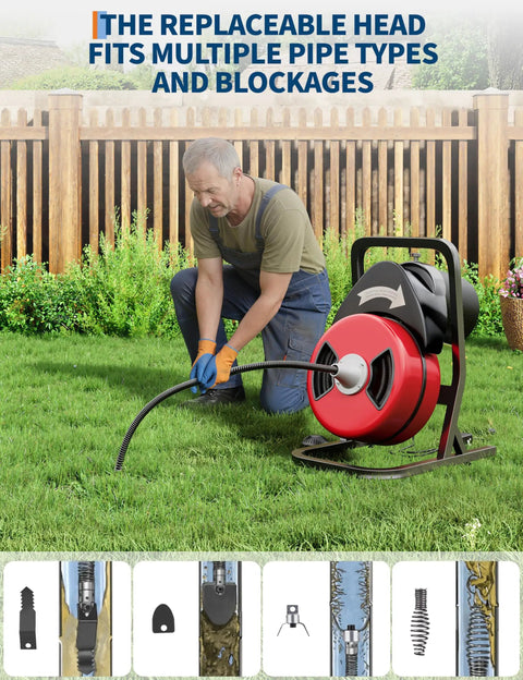 50 Foot By Half Inch Automatic Feed Drain Cleaning Machine Sewer Snake Auger With Cutter in use on grass with interchangeable heads