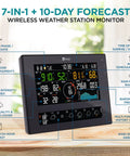All In One WiFi Weather Station With Solar Power, 8 Inch Color Display showing 10 Day And 24 Hour Forecast mounted on a wooden table