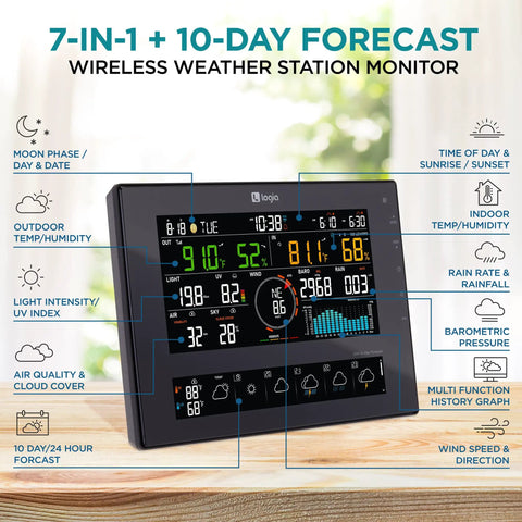 All In One WiFi Weather Station With Solar Power, 8 Inch Color Display showing 10 Day And 24 Hour Forecast mounted on a wooden table