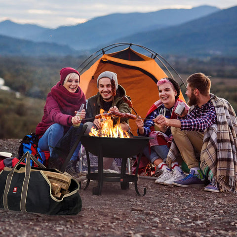 Group camping with Extra Large Fire Pit BBQ Grill Bowl, mesh spark screen, poker, tote bag, elevated design outdoors