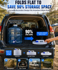 Collapsible Water Container With Spigot For Camping And Travel folds flat for easy storage in car, showing space-saving feature in trunk.