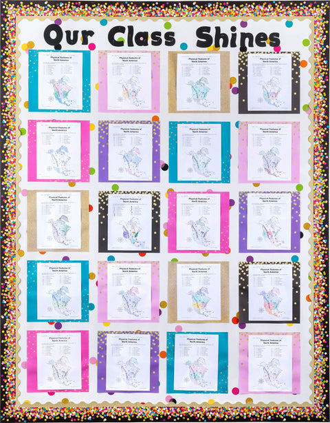 Classroom bulletin board with colorful confetti on black border trim roll 50 foot to liven up classroom decor that pops.