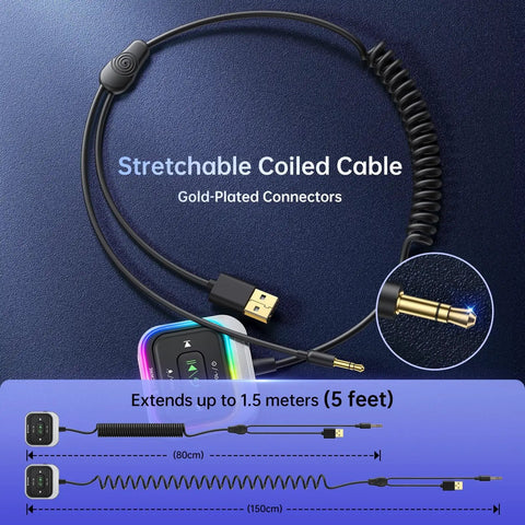 Car Bluetooth 5.4 Receiver With 3.5mm Aux, Coiled Cable, Gold-Plated Connectors, Extends up to 1.5 meters, Wireless Audio Adapter.