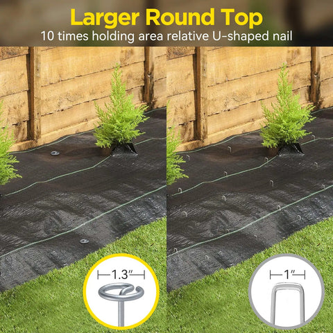Image of thick 8 gauge circle top landscape pins stakes galvanized 6 inch garden staples installed in fabric with comparison diagram.