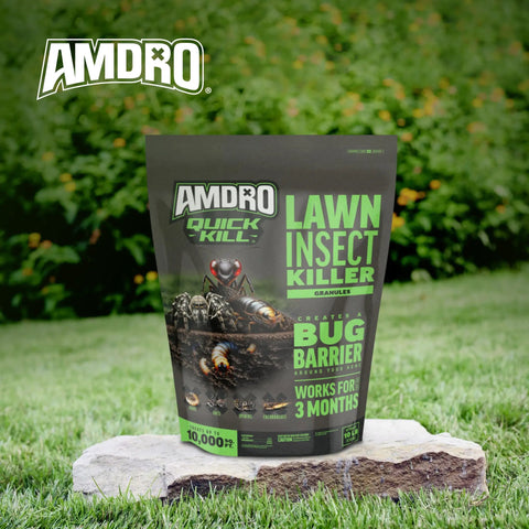 Quick Kill Lawn Insect Killer Granules 10 Lb Black Label for Fleas Ticks and Lawn Pests package on lawn with logo