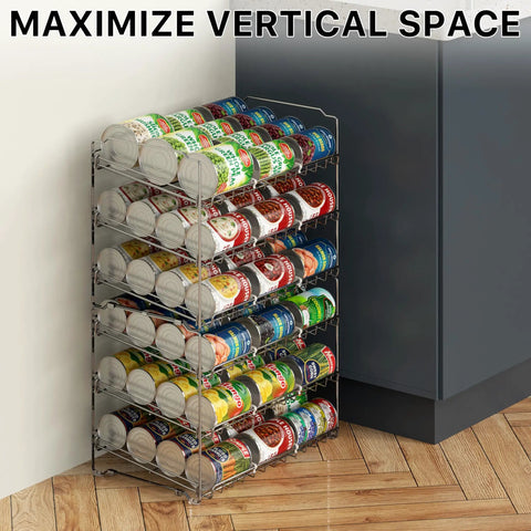 Solid As Rocks 3 Tier Stackable Can Organizer Rack Holds 36 Cans Chrome with sloped tiers for efficient storage.