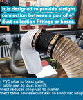 4 Inch Dust Collection Flex Hose Cuff Connector With Ports And 2 Stainless Steel Clamps for woodworking dust system setup.