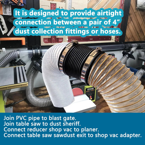 4 Inch Dust Collection Flex Hose Cuff Connector With Ports And 2 Stainless Steel Clamps for woodworking dust system setup.