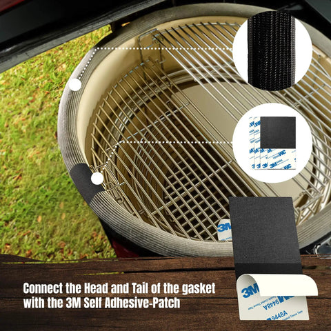 Installed fiberglass gasket replacement kit for Kamado Joe Classic and Big Green Egg, showing 3M adhesive patch.