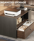 Electric Height Adjustable L Shaped Standing Desk With Massive Storage Cabinet And Open Shelving In Rich Black Walnut Finish with organized drawer and shelf.