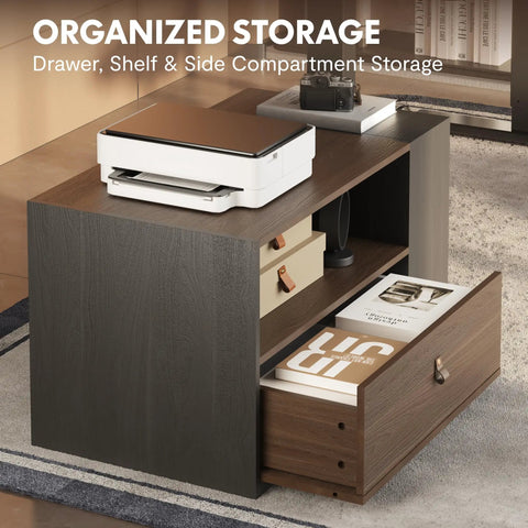 Electric Height Adjustable L Shaped Standing Desk With Massive Storage Cabinet And Open Shelving In Rich Black Walnut Finish with organized drawer and shelf.