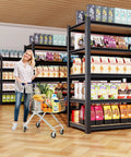 Woman with cart beside Beast Mode Heavy Duty Garage Shelving Unit 5-Tier Steel Storage Racks With 2050 LBS Capacity in store
