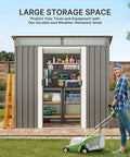 Durable 6x4 Outdoor Metal Storage Shed With Sliding Lockable Doors Bright Clear Panel Windows Built To Last And A Super Handy Tool And Bike Shed For Backyard Or Patio Weatherproof Dark Gray with outdoor equipment and gardening tools visible inside.