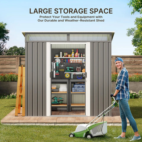 Durable 6x4 Outdoor Metal Storage Shed With Sliding Lockable Doors Bright Clear Panel Windows Built To Last And A Super Handy Tool And Bike Shed For Backyard Or Patio Weatherproof Dark Gray with outdoor equipment and gardening tools visible inside.
