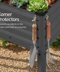 Close-up of Elevated Galvanized Raised Garden Bed 72x24x30 Inches No Toxic Materials for Safe Veggie Garden and Herbs with tools attached