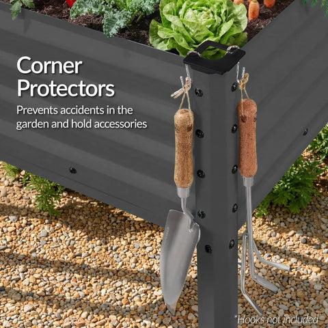 Close-up of Elevated Galvanized Raised Garden Bed 72x24x30 Inches No Toxic Materials for Safe Veggie Garden and Herbs with tools attached